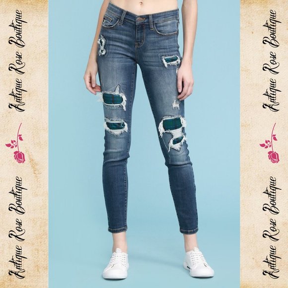 Judy Blue Denim - Judy Blue Green/Blue Plaid Patch Skinny Jeans